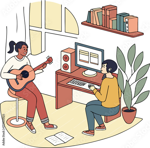 Illustration of Two People Recording Music at Home Studio with Guitar and Computer