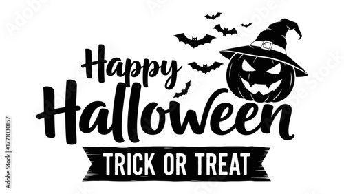 Happy Halloween: A monochrome Halloween greeting features a grinning jack-o'-lantern wearing a witch hat, and bats dancing across the top, celebrating this yearly spooky occasion.