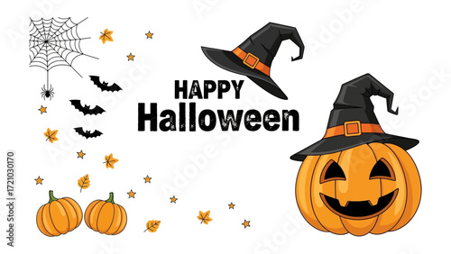 Halloween Festive Scene: A collection of spooky yet festive Halloween elements come together with a 'Happy Halloween' greeting, featuring smiling pumpkin, witch hat, spiderweb and autumn leaves.
