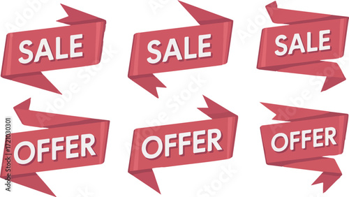 Attractive promotion ribbons displaying sale and offer messages for marketing campaigns and seasonal discounts to attract customers and boost sales in retail and online stores