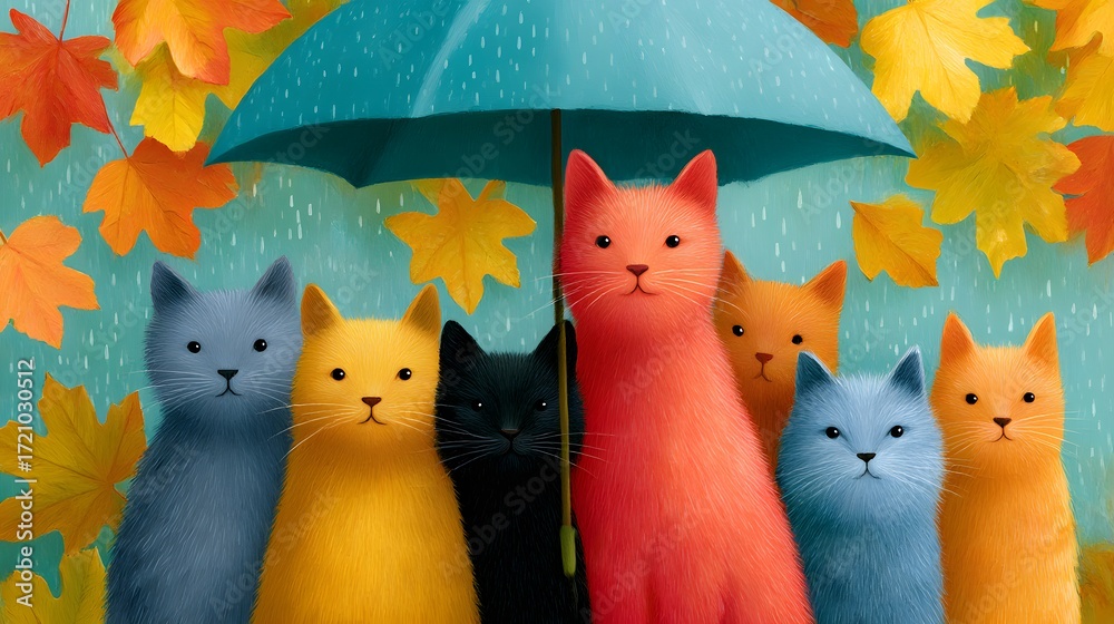 Fototapeta A group of cute cats standing under an umbrella in the autumn rain