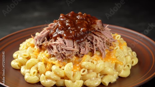 Macaroni and Cheese Topped with Pulled Pork and Barbecue Sauce Plate