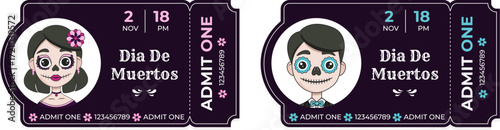 Cartoon ticket templates for Dia de los Muertos celebration. Colorful and festive Mexican Day of the Dead elements. Vector illustration.