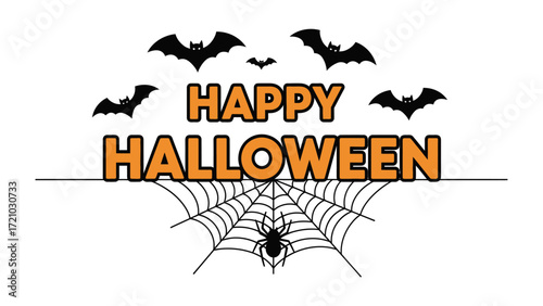 Happy Halloween: Spooky scene with bats and spider web illustration in a festive holiday greeting, conjuring the spirit of eerie celebration and playful fun.