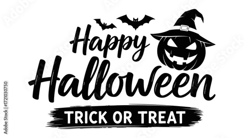 Spooky Season Greeting: A festive black and white graphic illustration embodies the eerie spirit of Halloween, with a mischievous pumpkin and bats. 