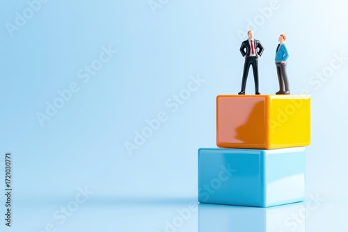 Empowering leadership strategies corporate training miniature figures blue background abstract business environment