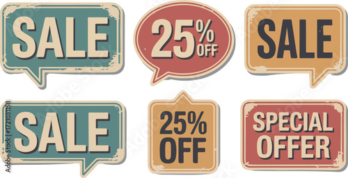 Retro sale and special offer badges with 25% off discount signs in vintage style for promotional marketing campaigns and retail advertising to attract customers and boost sales this season