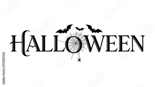 Spooky Halloween Design: A gothic-inspired Halloween wordmark, is decorated with spider web and bats creating a visually striking and thematic invitation.