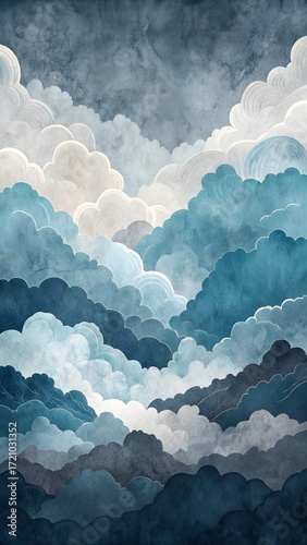 Abstract Watercolor Painting Of Blue Clouds And Mountains Artistic Nature Landscape Background Illustration