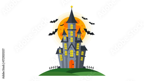 Spooky Castle: An eerie yet inviting scene, a haunting castle rises against a backdrop of a full moon and bats, creating a captivating and atmospheric visual perfect for Halloween themes.