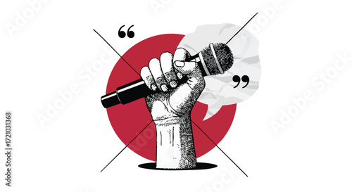 Illustration of a clenched fist holding a microphone, symbolizing free speech, protest, and the power of voice.