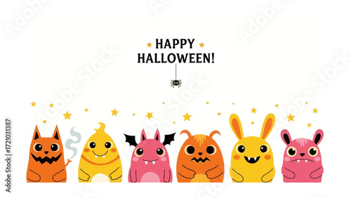 Happy Halloween Monsters: A whimsical illustration of seven colorful monster characters, each with its own unique design, is centered above Happy Halloween! and a spider.