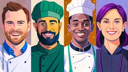 Vector illustration set of smiling chef on isolated background. Perfect for restaurant branding, cooking themes, food blogs, culinary posters, menus, and kitchen-related creative projects.