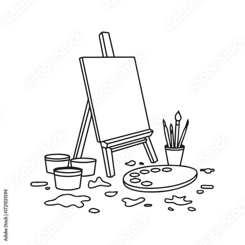 Artist Easel with Canvas, Paint Pots, Brushes, Palette and Splashes Line Art.