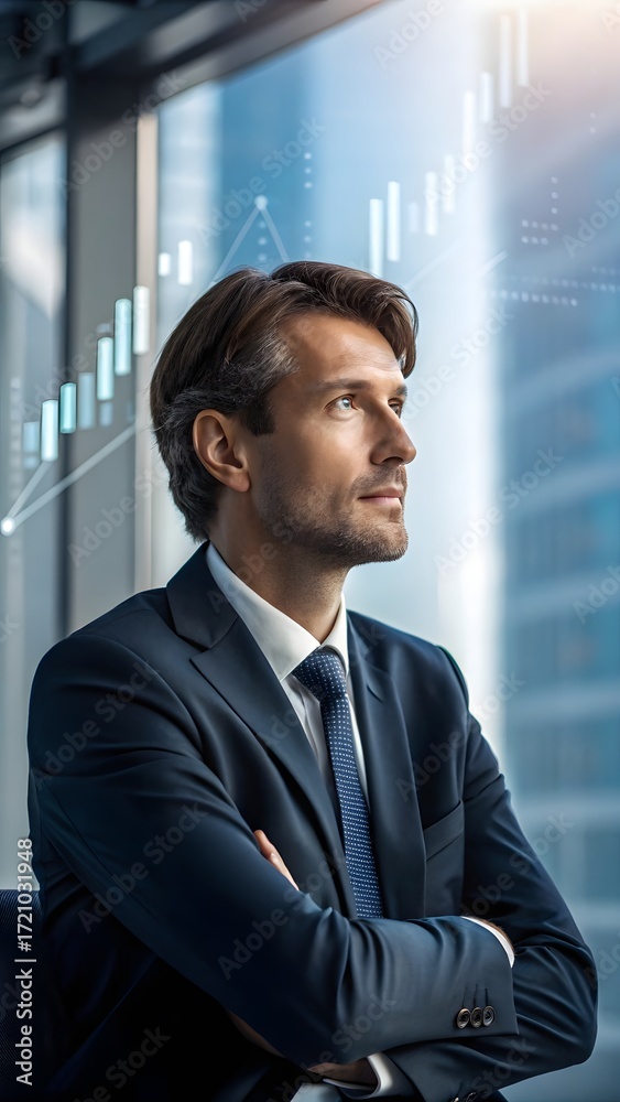 Obraz premium Confident Businessman In Suit Looking Out Office Window With Financial Growth Chart Corporate Success Concept