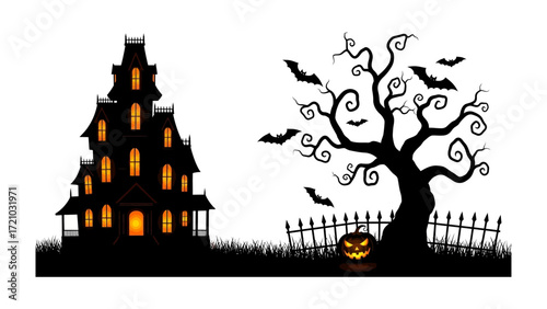 Halloween Silhouette: A captivating silhouette of a haunted mansion and gnarled tree on a spooky Halloween night, complete with jack-o'-lantern and bats.