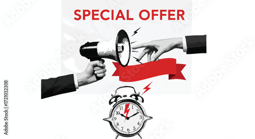 Urgent Special Offer Announcement Grabs Attention with Megaphone and Countdown Clock Creating Excitement for Limited Time Deals