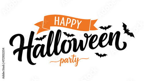 Spooky Halloween Party: A festive greeting banner showcasing the phrase Happy Halloween Party, complemented by fluttering bats, set against an orange ribbon