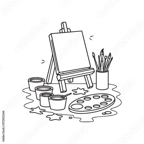 Artist Easel with Canvas, Paint Pots, Brushes, Palette and Splashes Line Art.