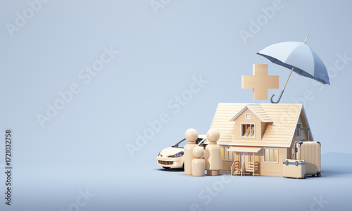 Umbrella above family, house, car, and health cross symbolizes full coverage insurance for life, health, and assets. 3d rendering.
