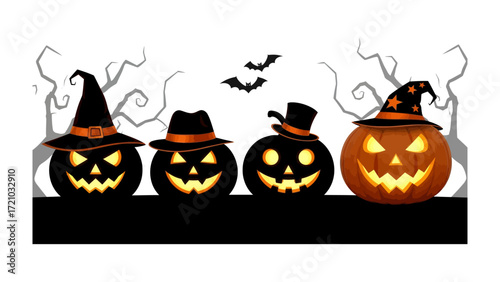 Spooky Pumpkin Patch: A collection of creatively carved jack-o'-lanterns, each adorned with unique hats, and bats soar above, set against a backdrop of silhouetted trees.