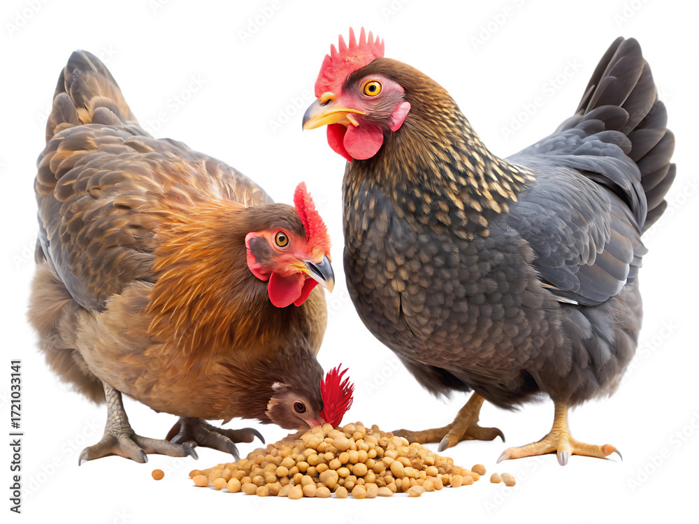 Fototapeta premium Two chickens eating feed on white background png isolated on a transparent background