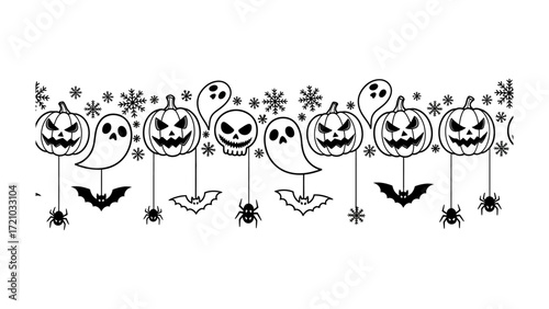 Spooky Halloween Border Illustration: An artistic and whimsical linear illustration perfect for Halloween, this design features grinning pumpkins, spectral ghosts, spider, bats and skull.