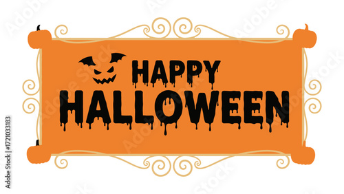 Happy Halloween: An festive orange banner, adorned with playful black illustrations and an elegant gold trim, announces Happy Halloween, celebrating the spooky holiday.