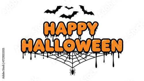 Spooky Halloween: Festive text spells out Happy Halloween, accompanied by iconic motifs: bats, spiderwebs, and a spider, embodying the holiday's eerie essence.