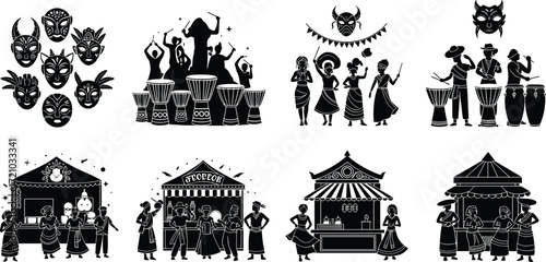 Cultural festival illustration, traditional dance, drum performance, decorative masks, market stall, Afro food, community celebration, music event, black and white vector