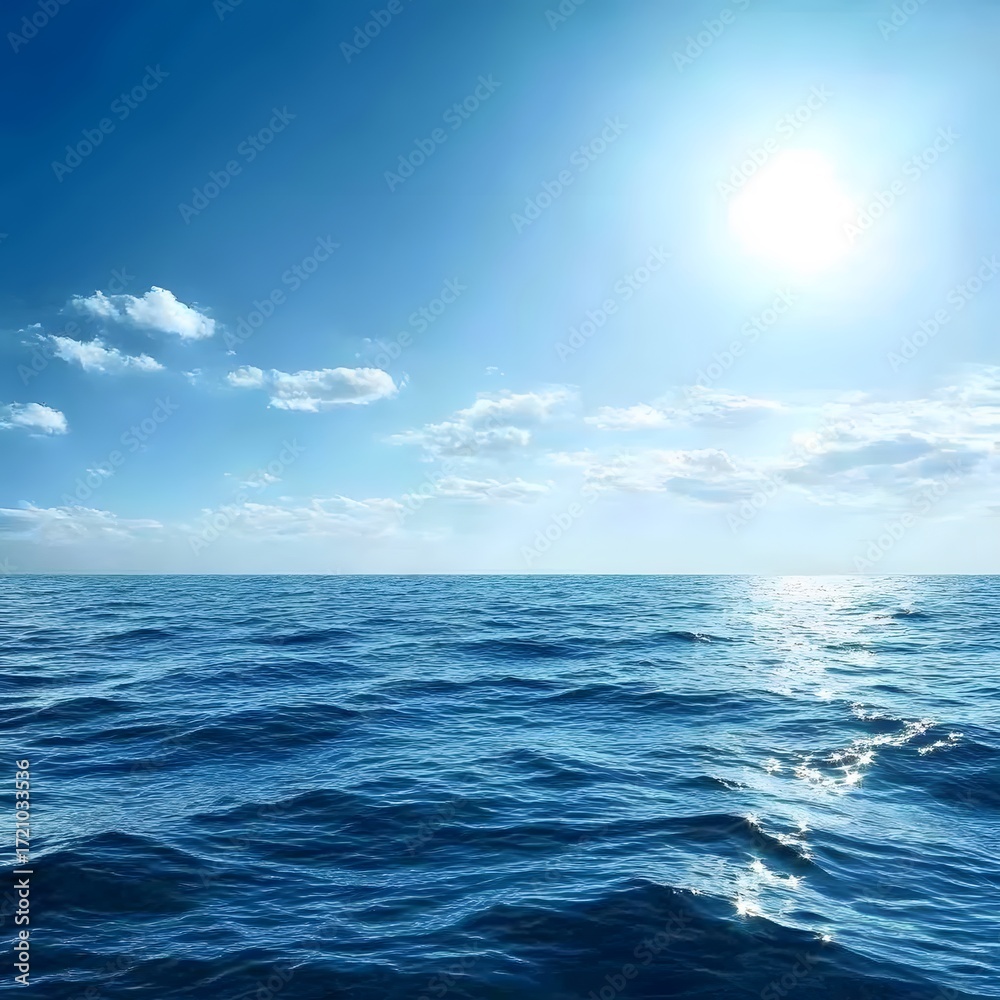 Fototapeta premium Tranquil ocean horizon under bright sunlit sky with scattered clouds