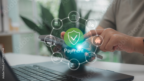 Bild auf Leinwand Secure digital payment with smartphone and shield checkmark icon