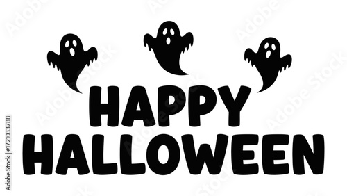 Spooky Halloween Greeting: A ghostly design featuring the words HAPPY HALLOWEEN accompanied by whimsical black ghosts, perfect for conveying festive Halloween spirit.