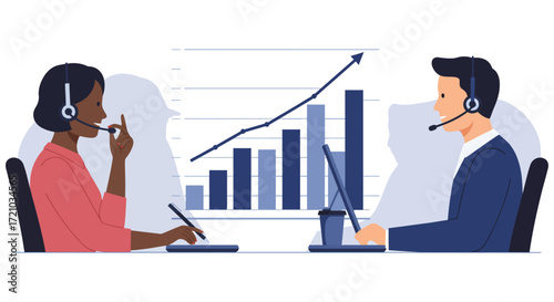 business data analysis customer service team analyzing business growth chart working at desks with laptops for financial report and strategy