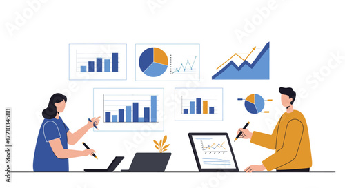 Business data analysis team analyzing graphs charts and data visualizations on laptops fostering teamwork insights and strategic decisions.