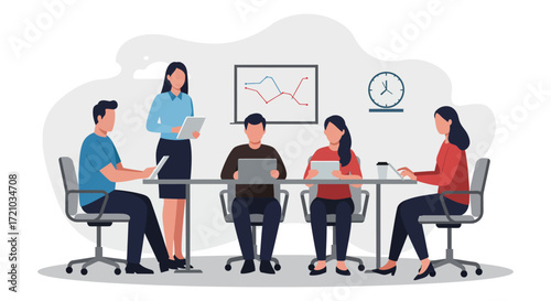 Business meeting in office professionals collaborate at conference table discussing data trends strategy perfect for corporate training material