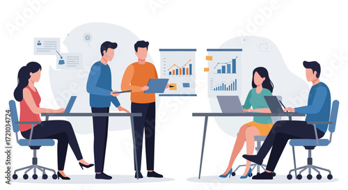 Business meeting presentation team discussing charts and growth using laptops in modern office workspace illustrating teamwork strategy and analysis.