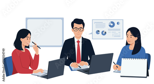 business meeting professionals collaborating on project with laptops and documents in office planning strategy for presentation corporate synergy