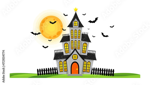Spooky Night: The ominous facade of a haunted house is silhouetted against a large, glowing moon, with bats fluttering through the night sky, embodying a scene of mystery and Halloween.