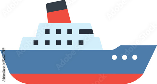 A stylized illustration of a blue and red cruise ship with multiple decks and windows, featuring a tall smokestack.