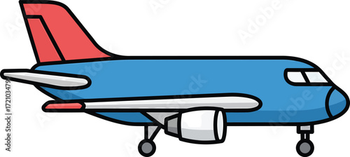 A cartoon illustration of a blue airplane with red accents on its tail and wings, featuring visible engines and landing gear.