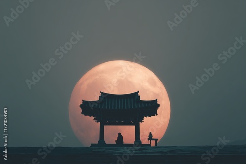 Silhouetted Figures Contemplate Large Orange Moon at Traditional Asian Pavilion