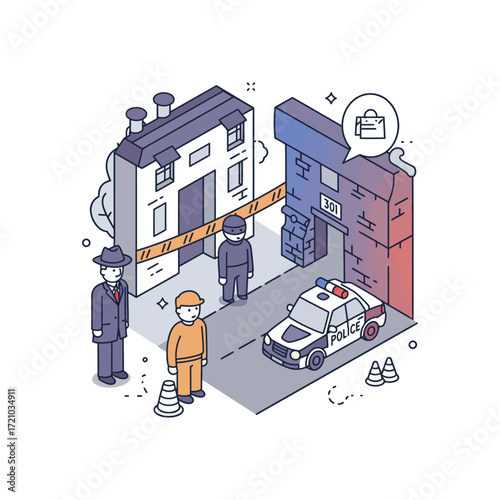 Crime scene investigation detective at robbery scene with police car investigating a crime near building 301 perfect for crime awareness.
