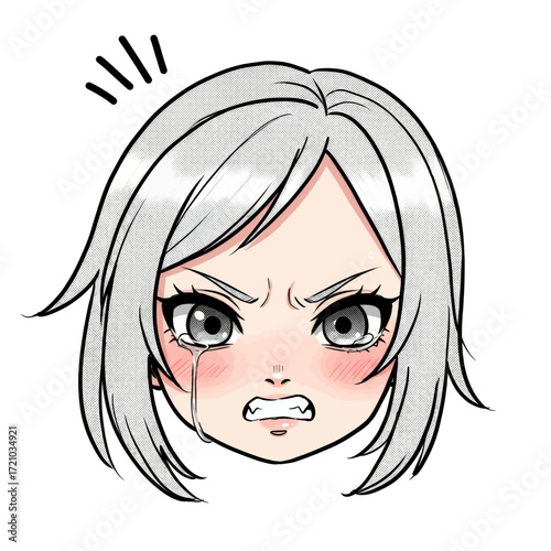 Angr y Crying Girl Emoticon Illustration with Tear Drops and Mad Face Vector
