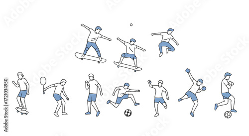 diverse sports activities people playing soccer skateboarding badminton and boxing showcasing a dynamic and active lifestyle perfect for fitness campaigns