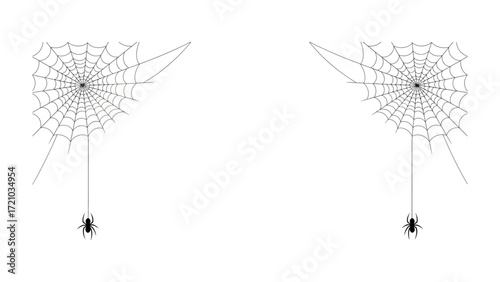 Spiderweb Duo: An intricate spiderweb design, delicately spun with geometric precision, hosts a solitary spider dangling below, showcasing a minimalist aesthetic of nature and design. 