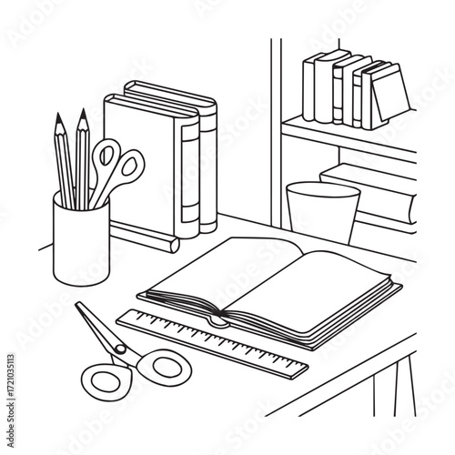 Child-Friendly Desk with Books, Pencils, Scissors, and Shelf for Coloring Fun Line Art.