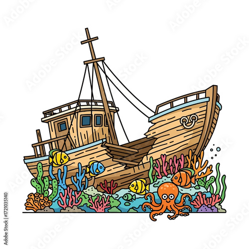 Sunken shipwreck with sea life an underwater scene with colorful coral reefs and an orange octopus ideal for ocean conservation and marine biology