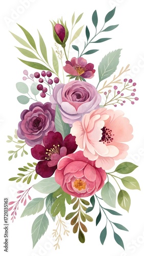 Elegant Watercolor Floral Bouquet With Pink Roses Purple Peonies Green Leaves Botanical Spring Illustration