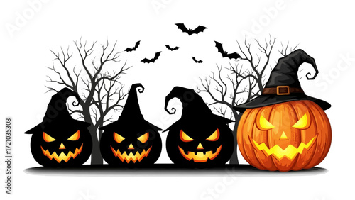 Halloween Pumpkin Spooks: A festive display of Halloween pumpkins with sinister smiles, a whimsical witch's hat, and a shadowy silhouette of bats soaring amidst a haunting forest scene.
